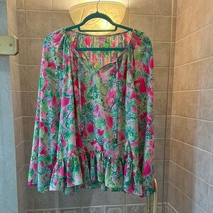 Lilly Pulitzer Green and Pink Ruffled Tie Front Blouse